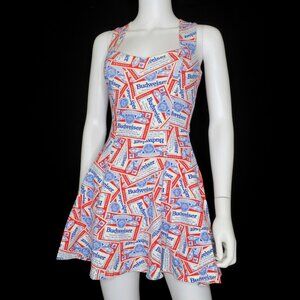 Carabella Vintage 80s Budweiser Mini Skater Dress All Over Print Stretch Small